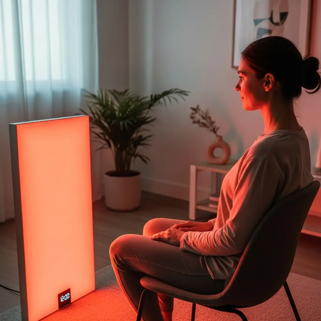 Person using red light therapy panel at home