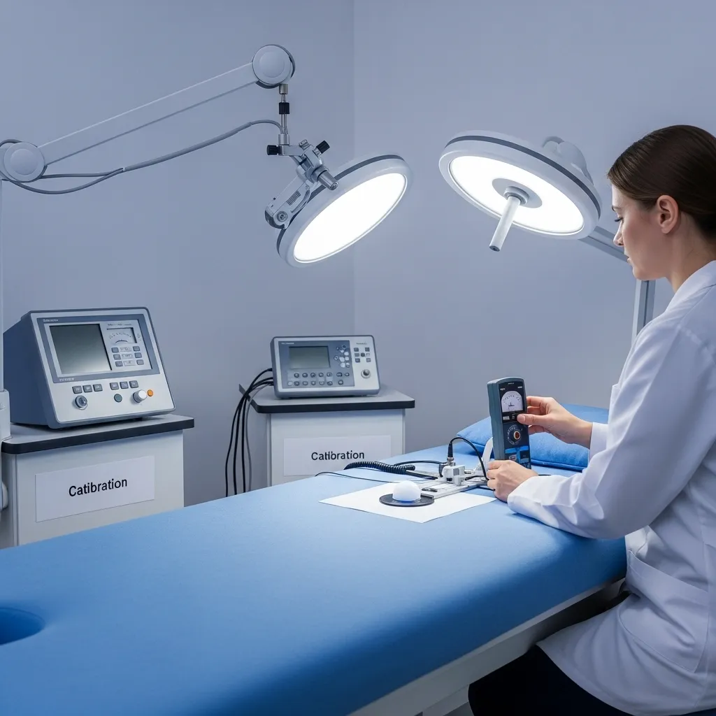 Technician calibrating a light sensor near a therapy bed in a clean lab setting.