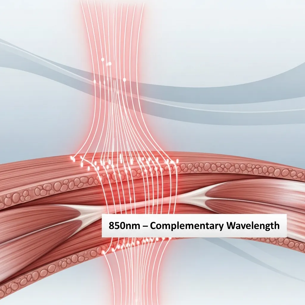 Visualization of 850nm infrared wavelength showing moderate tissue penetration in PBM treatment.