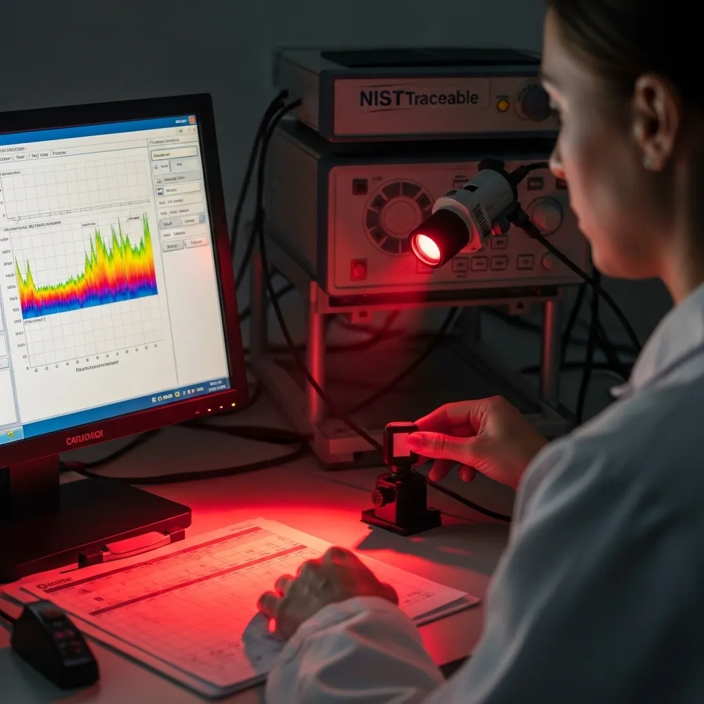 Light sensor being calibrated with NIST-traceable red and near-infrared light sources in a lab setting.