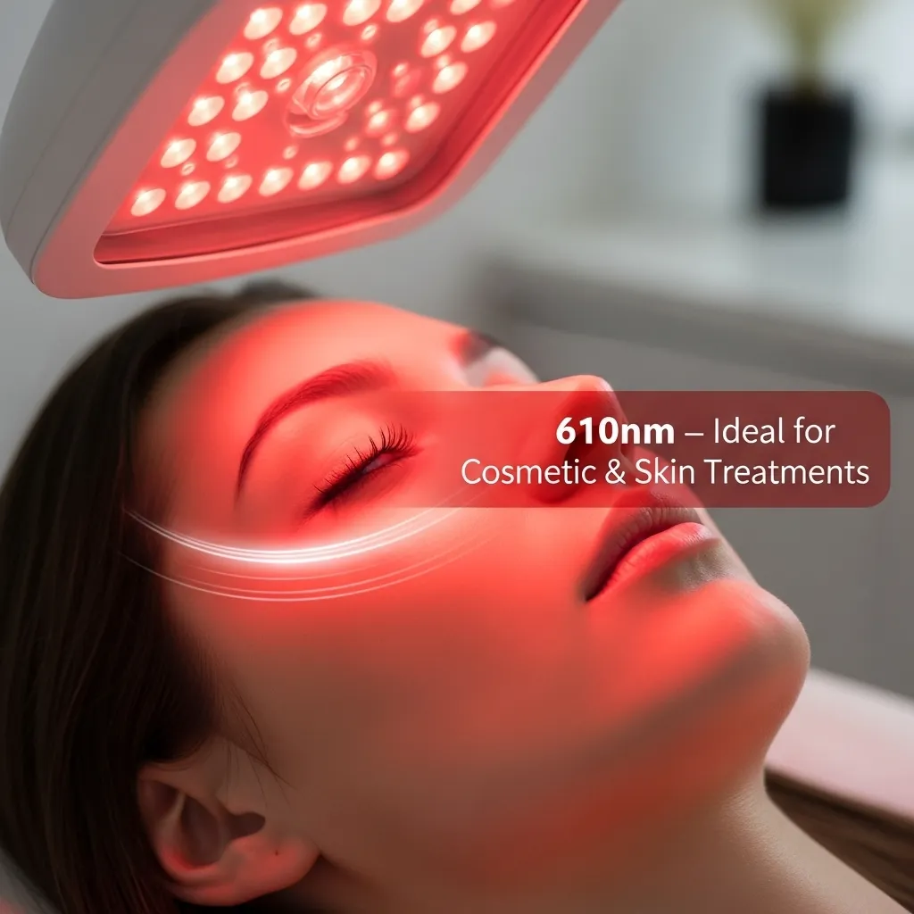 Illustration of 610nm red light targeting skin surface for cosmetic and beauty treatments.