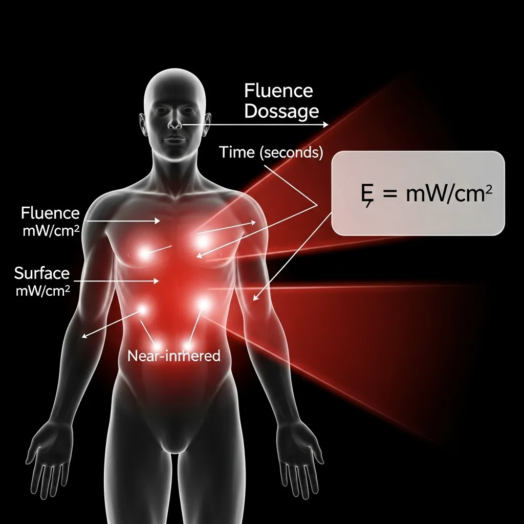 Scientific visualization showing how red and near-infrared light fluence and exposure time determine total dosage in Photobiomodulation therapy.