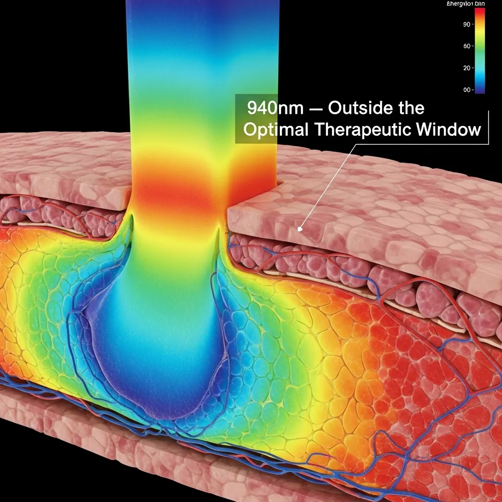 Diagram showing 940nm infrared light generating heat in tissue with limited therapeutic penetration.