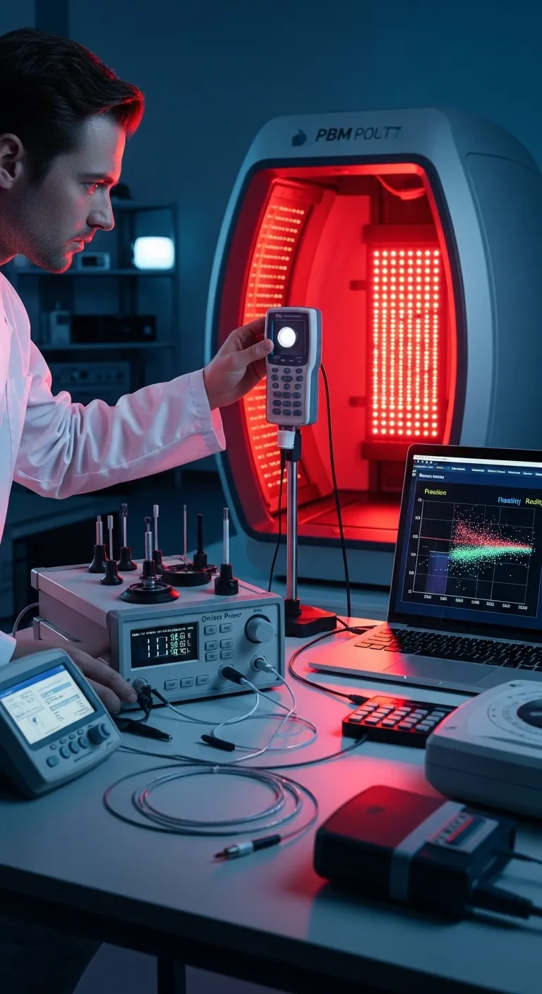 Visual comparison of professional vs. basic light measurement setups inside a red-light therapy pod,
