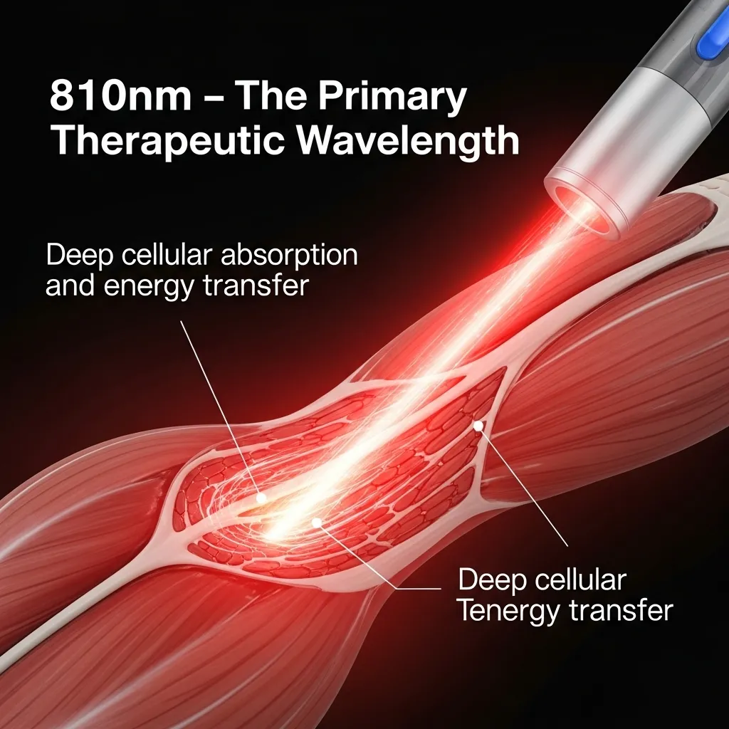Illustration of 810nm infrared light deeply penetrating tissue layers for photobiomodulation therapy.